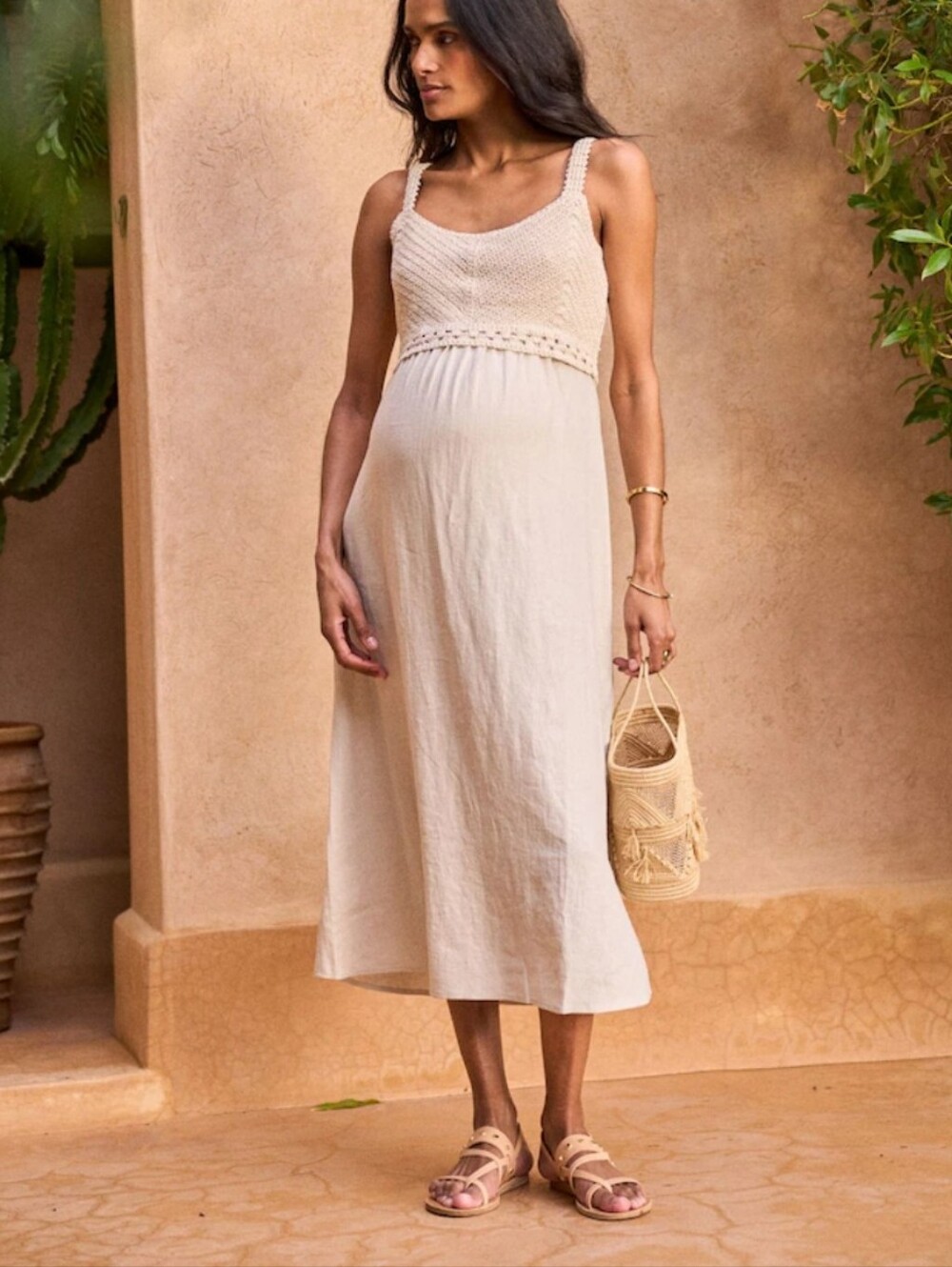SERAPHINE White Woven Linen Blend Dress With Crochet